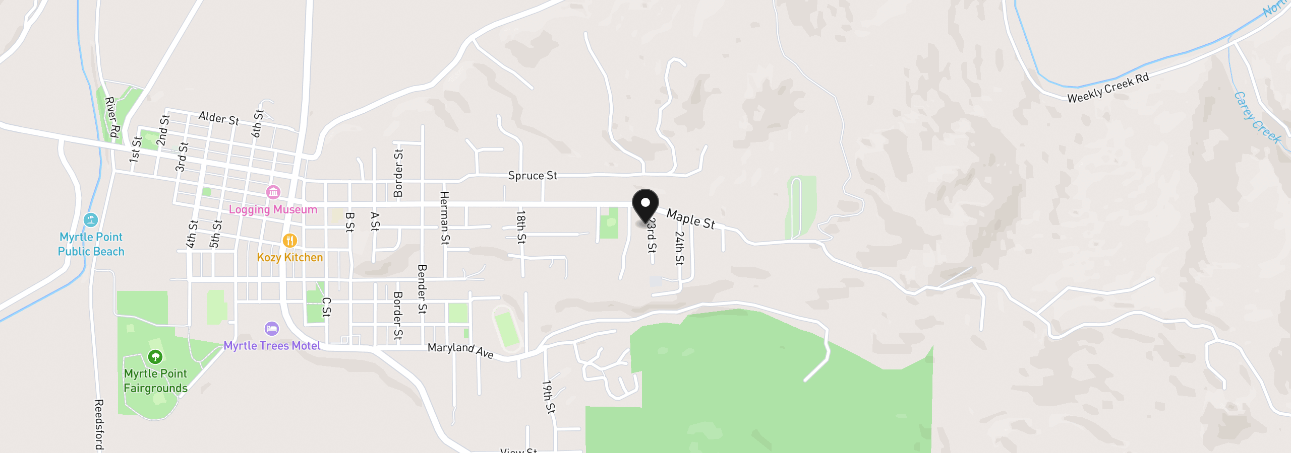 Map showing the location of 412 23rd St, Myrtle Point, OR 97458