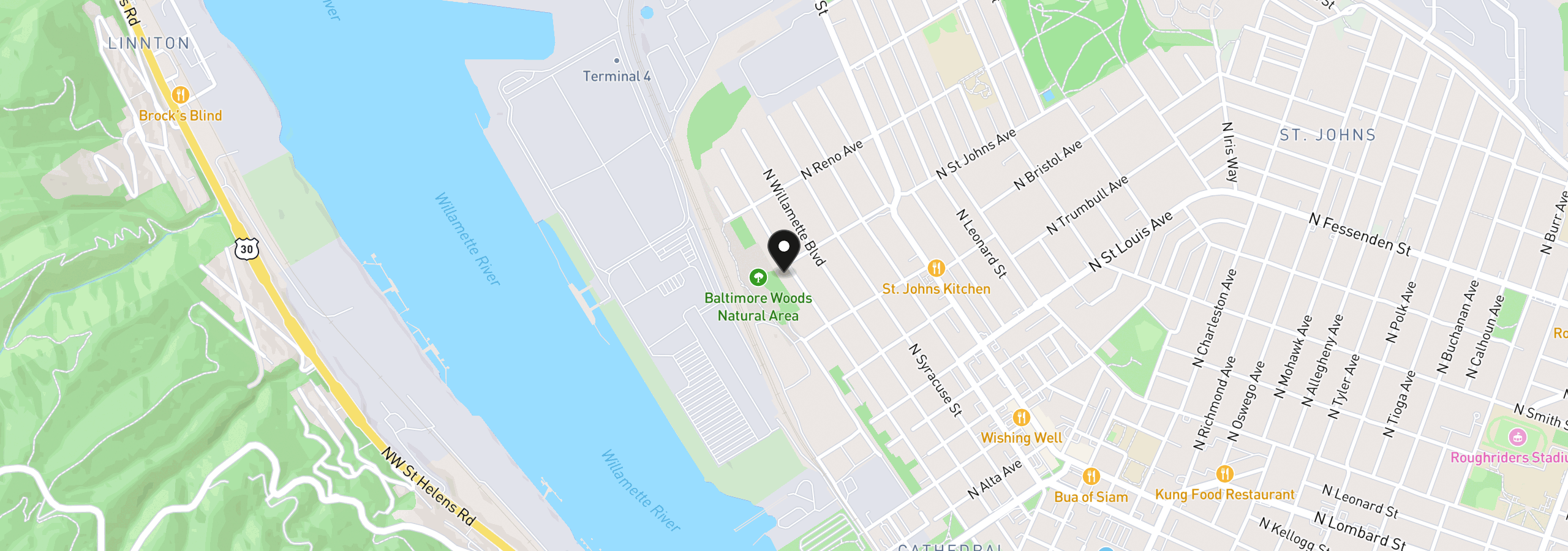 Map showing the location of 9654 N Edison St, Portland, OR 97203