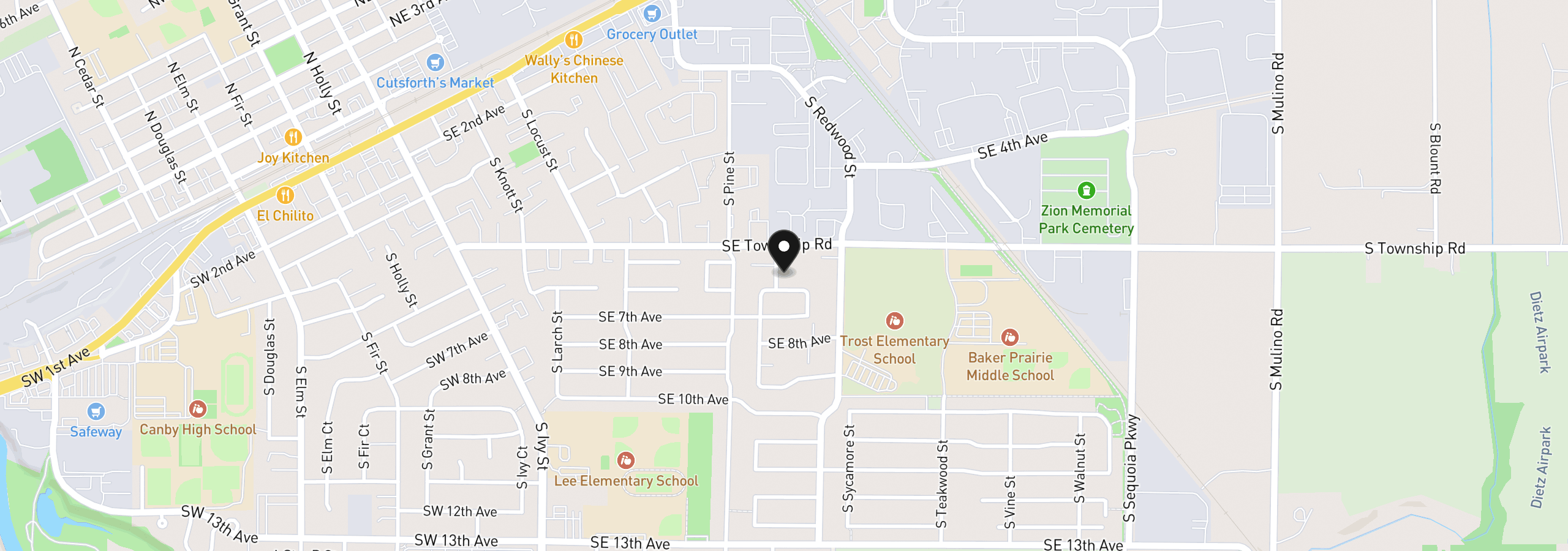 Map showing the location of 604 S Ponderosa St, Canby, OR 97013