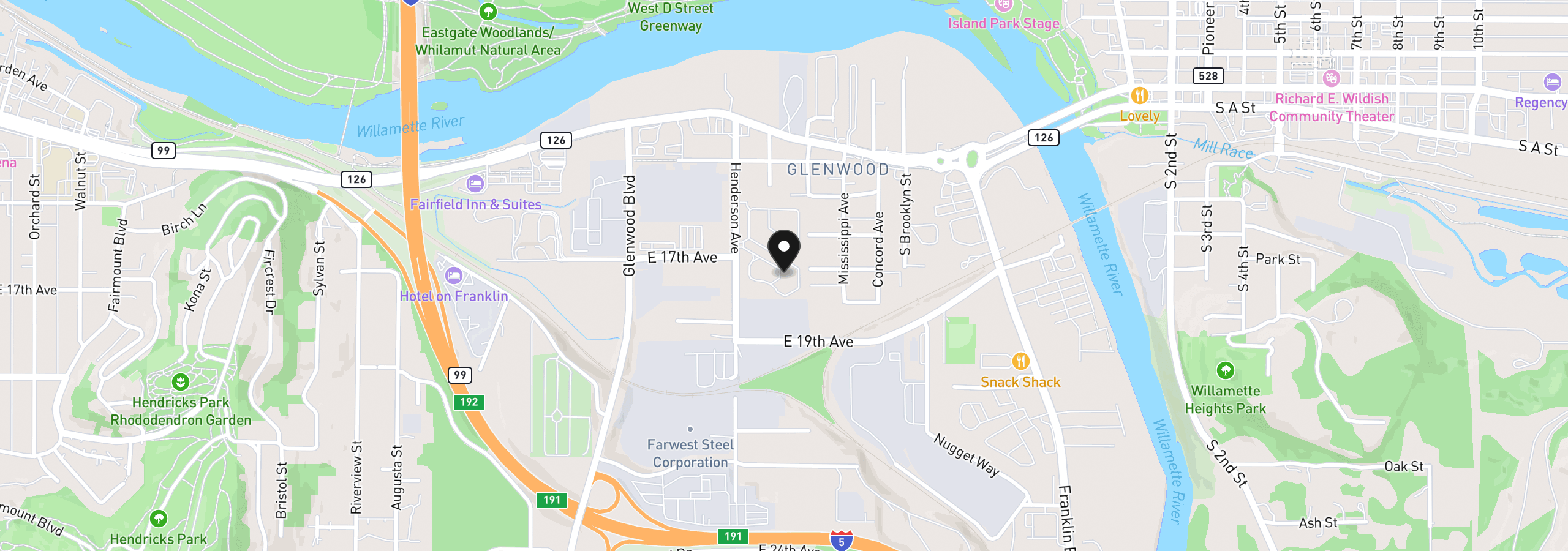 Map showing the location of 1625 Henderson Ave B10, Eugene, OR 97403