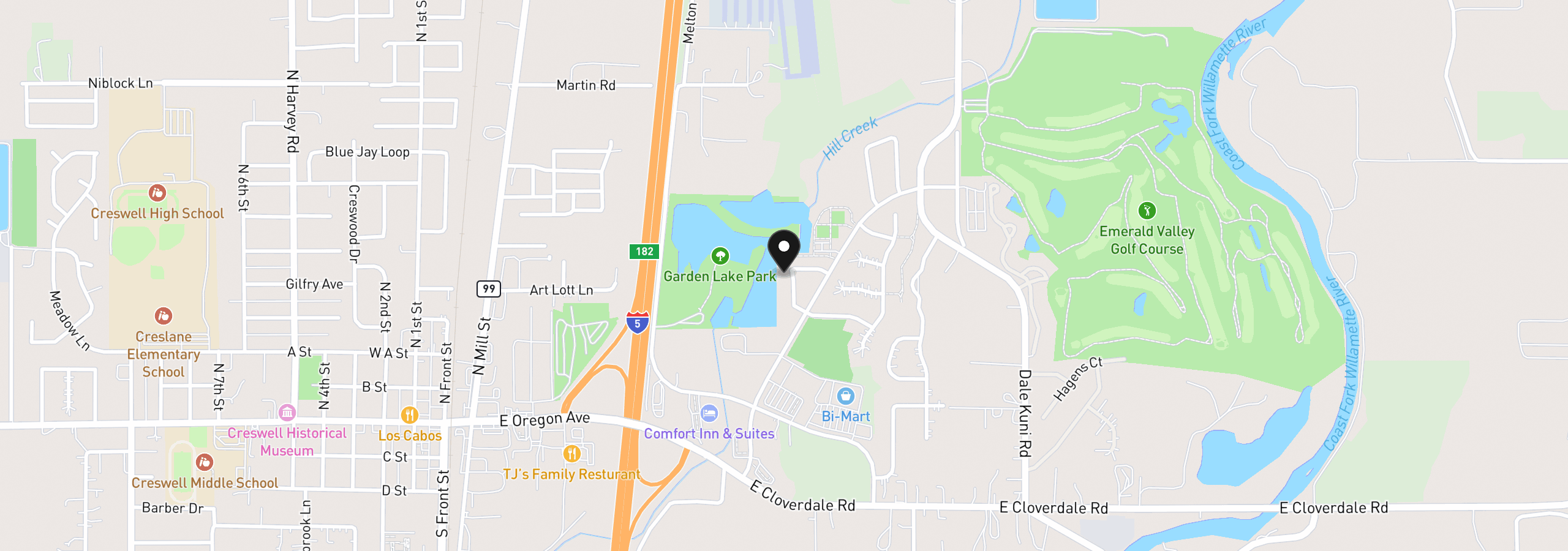 Map showing the location of 395 Ironwood Loop, Creswell, OR 97426