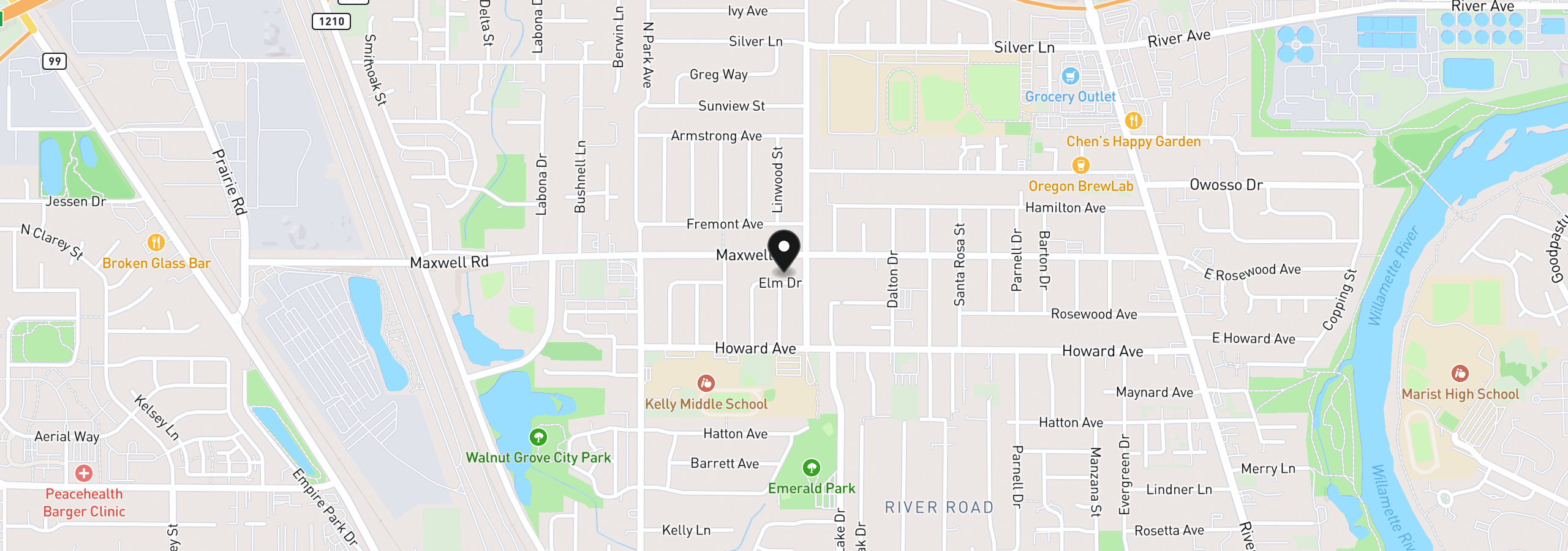 Map showing the location of 727 Elm Dr, Eugene, OR 97404