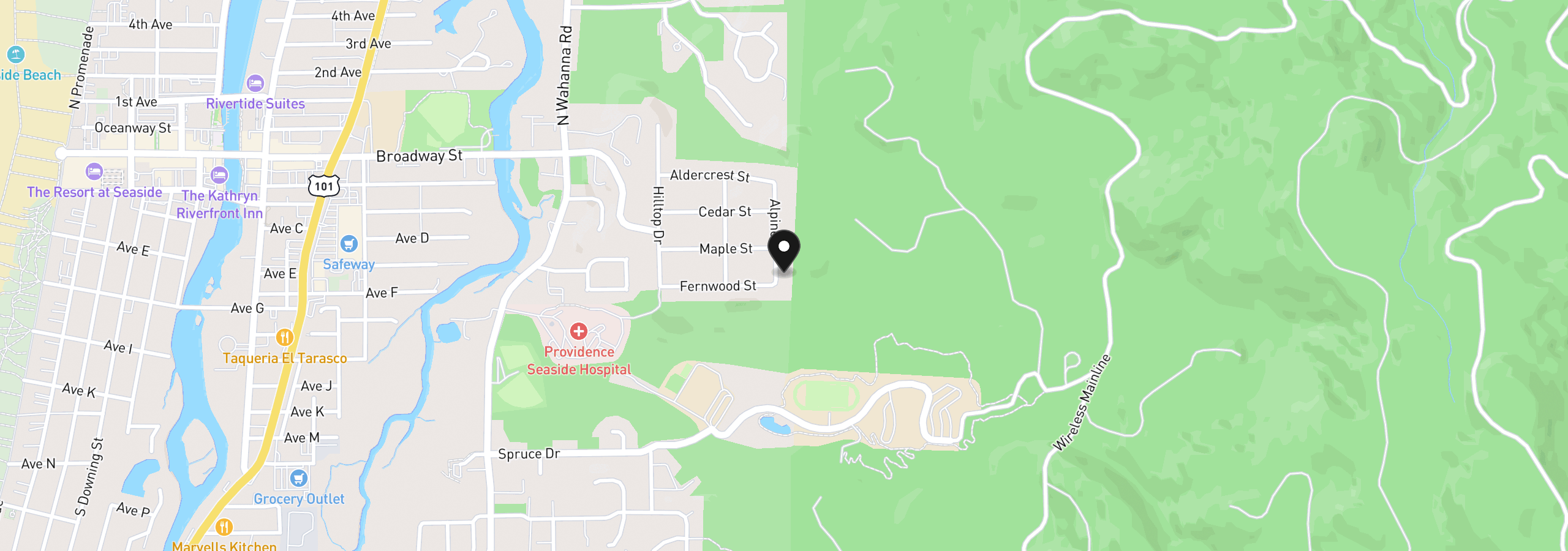 Map showing the location of 365 Alpine St, Seaside, OR 97138