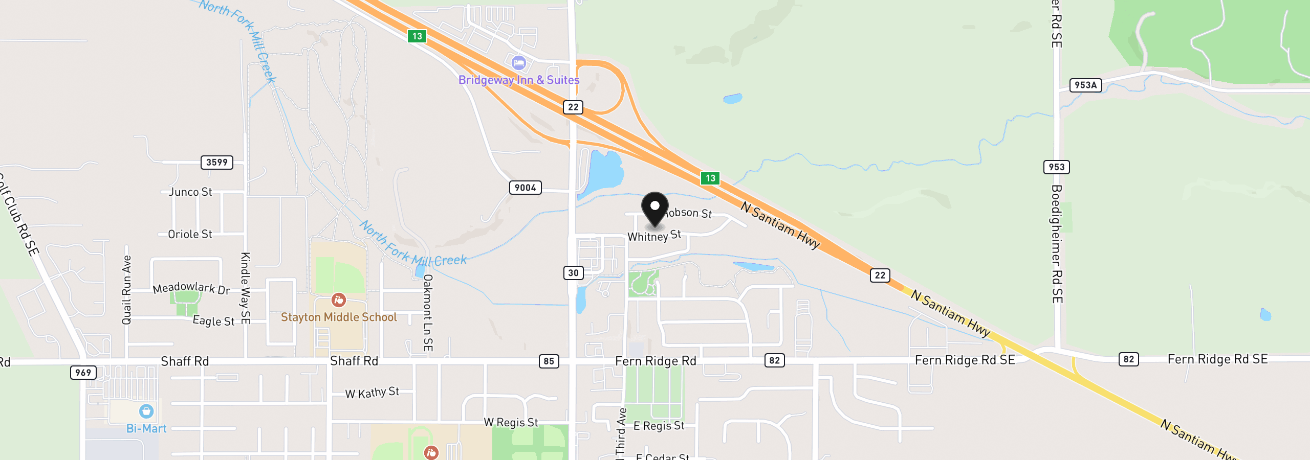 Map showing the location of 451 Whitney St, Stayton, OR 97383