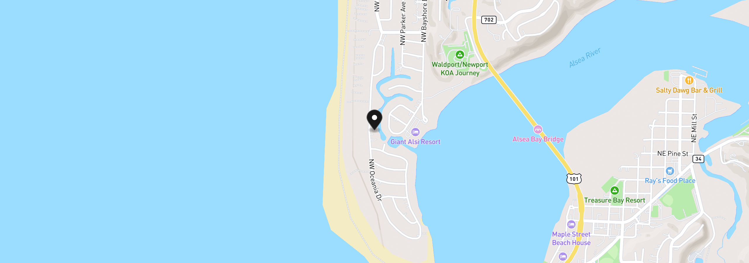 Map showing the location of 601 NW Oceania Dr, Waldport, OR 97394