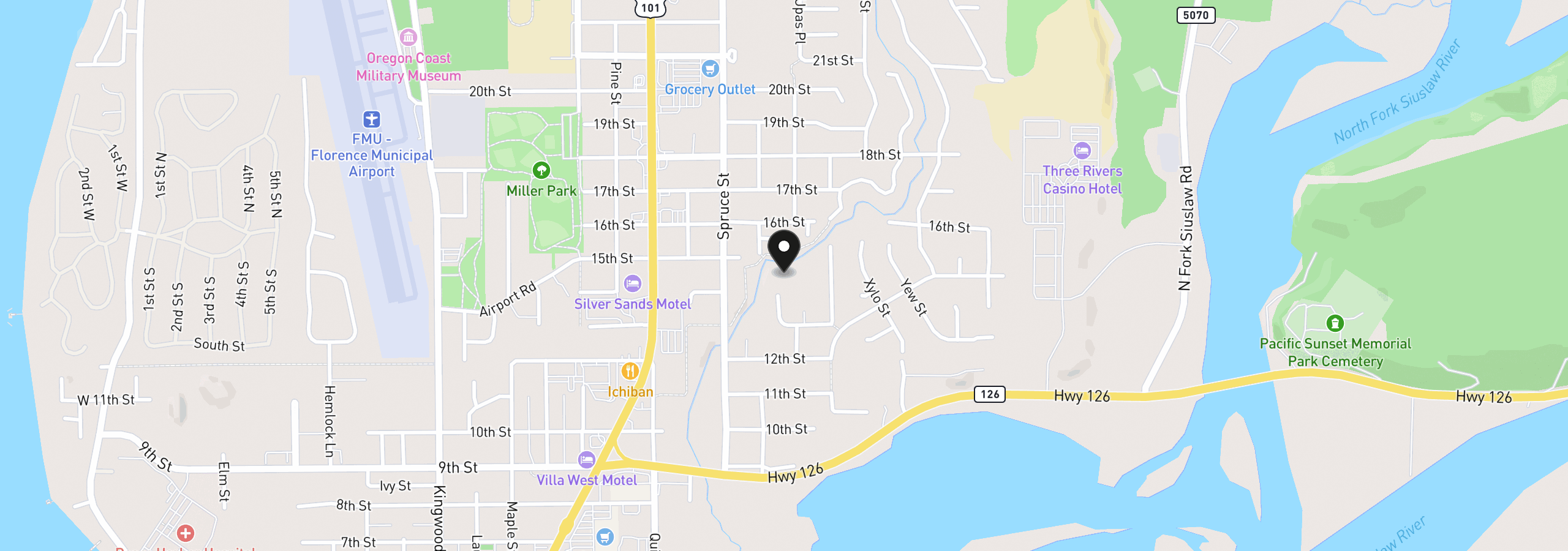Map showing the location of 2193 13th St, Florence, OR 97439
