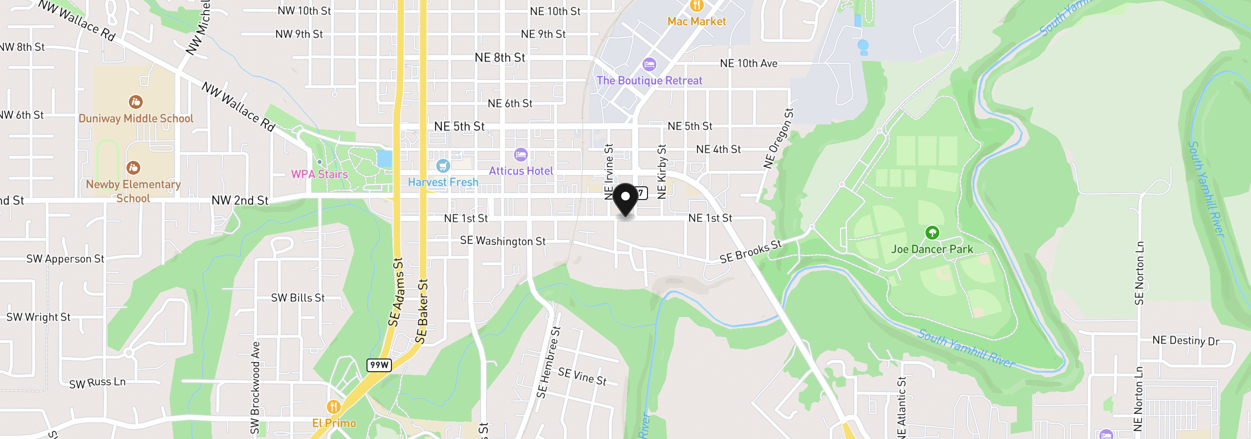 Map showing the location of 906 SE 1st St, McMinnville, OR 97128