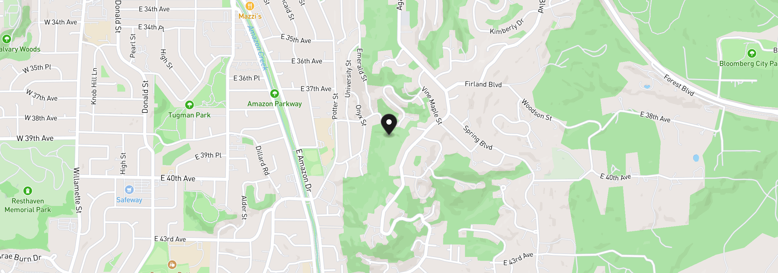 Map showing the location of E 38th Ave, Eugene, OR 97405
