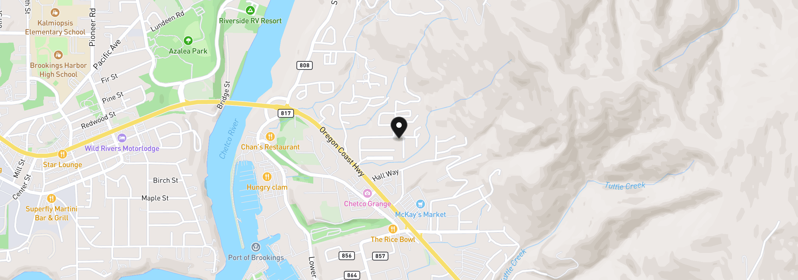 Map showing the location of 97970 Court St, Brookings, OR 97415