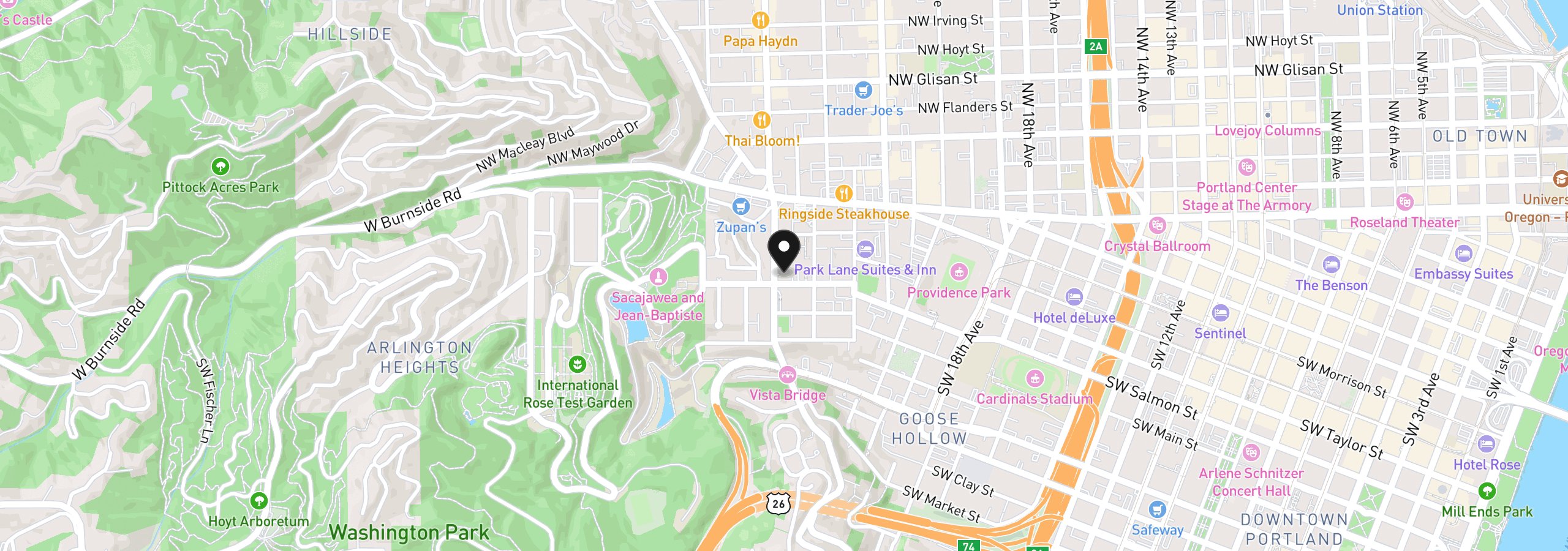 Map showing the location of 2245 SW Park Pl 6d, Portland, OR 97205