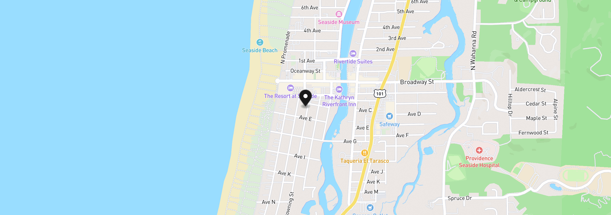 Map showing the location of 416 S Downing St, Seaside, OR 97138