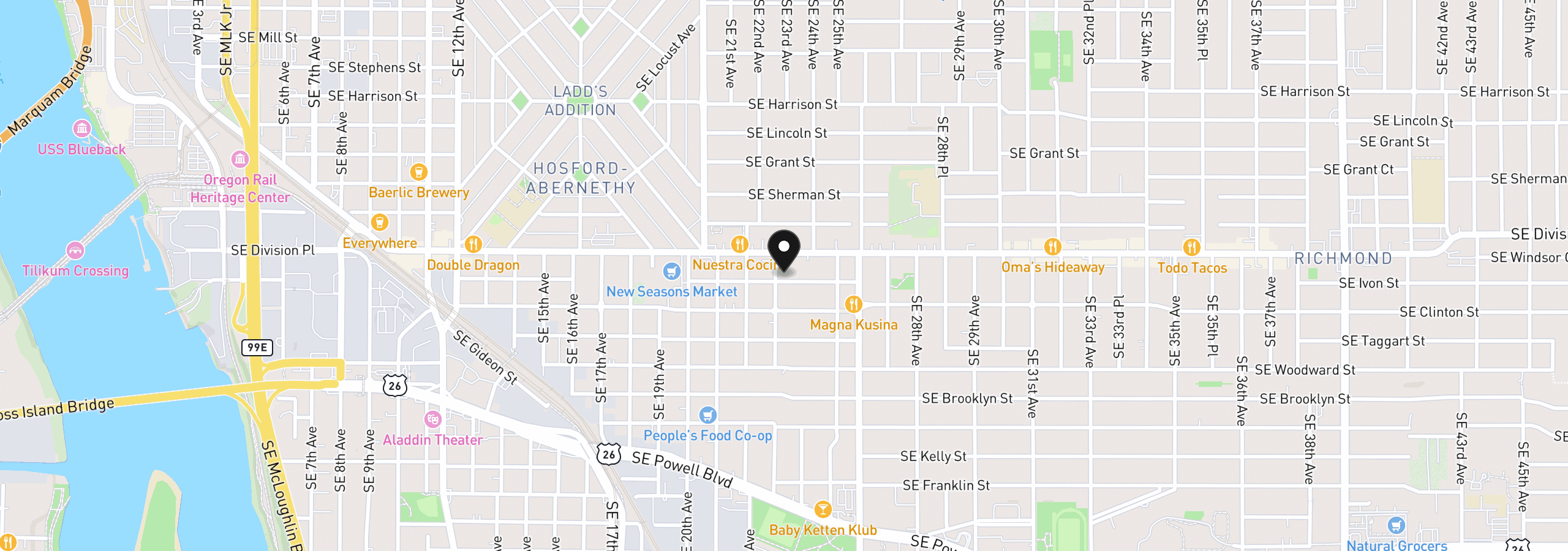 Map showing the location of 2534 SE 23rd Ave, Portland, OR 97202