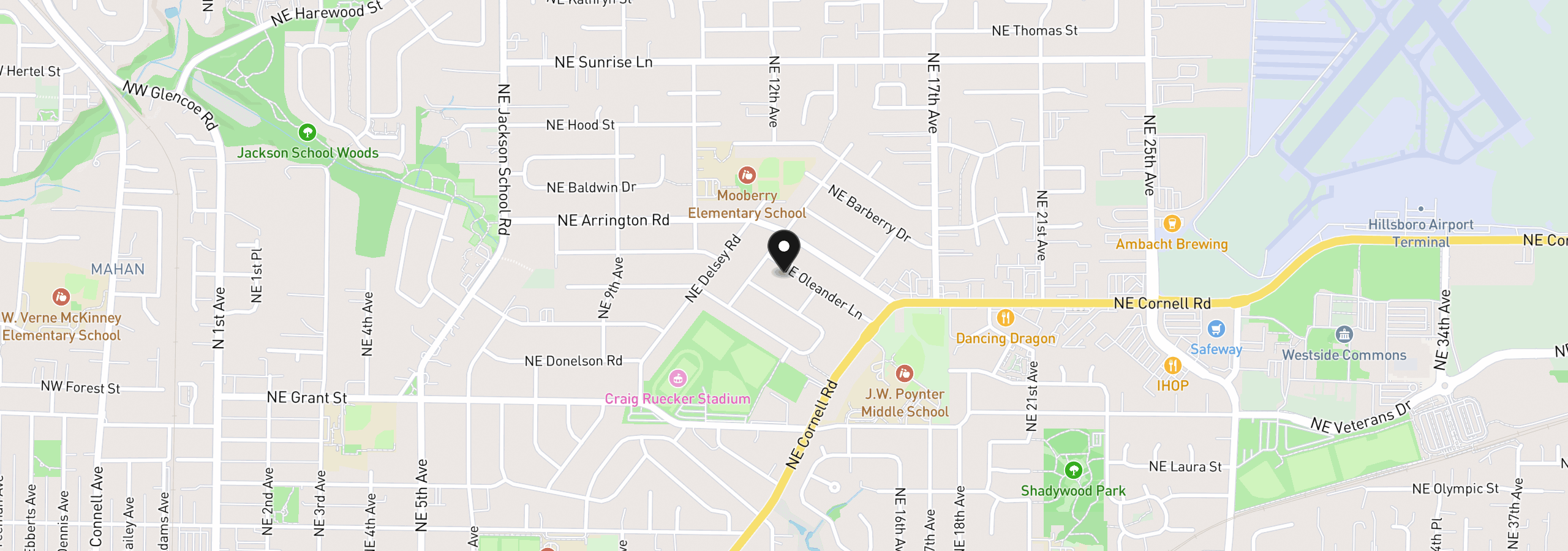 Map showing the location of 1260 NE Oleander Ln, Hillsboro, OR 97124