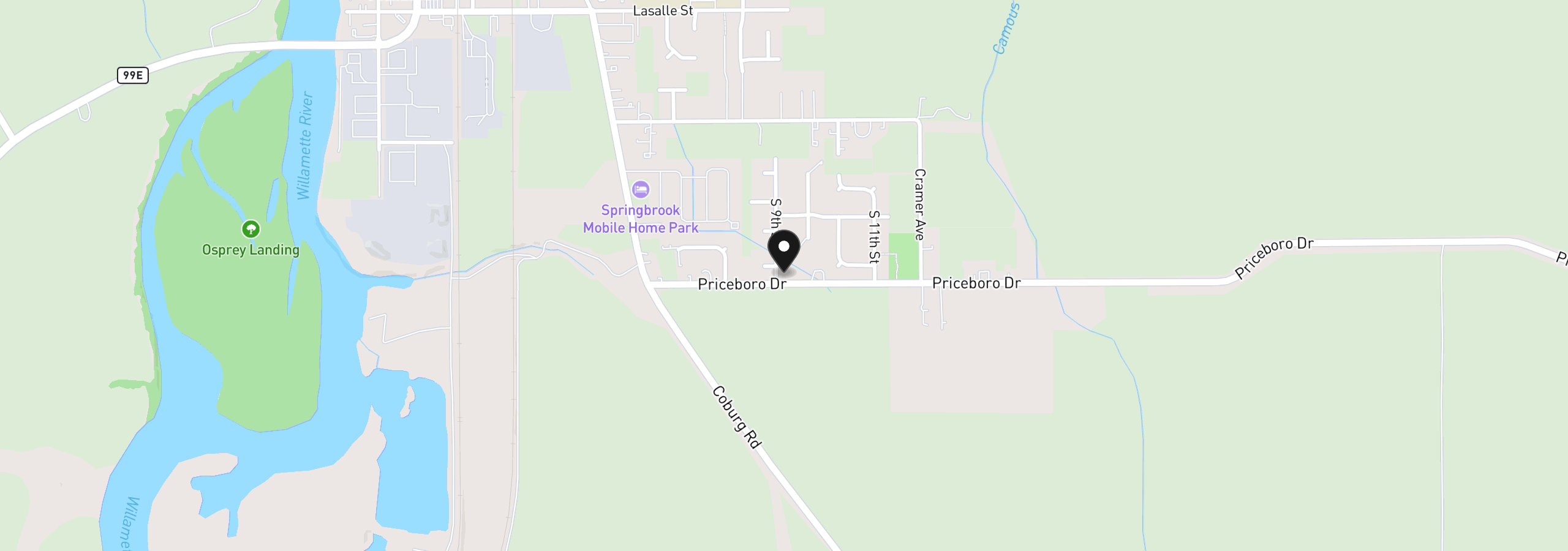 Map showing the location of 963 S 9th St, Harrisburg, OR 97446