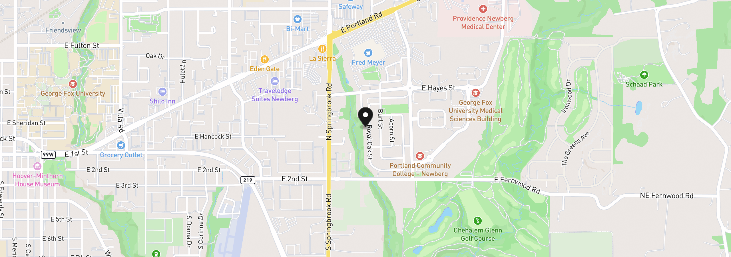 Map showing the location of 251 N Royal Oak St, Newberg, OR 97132
