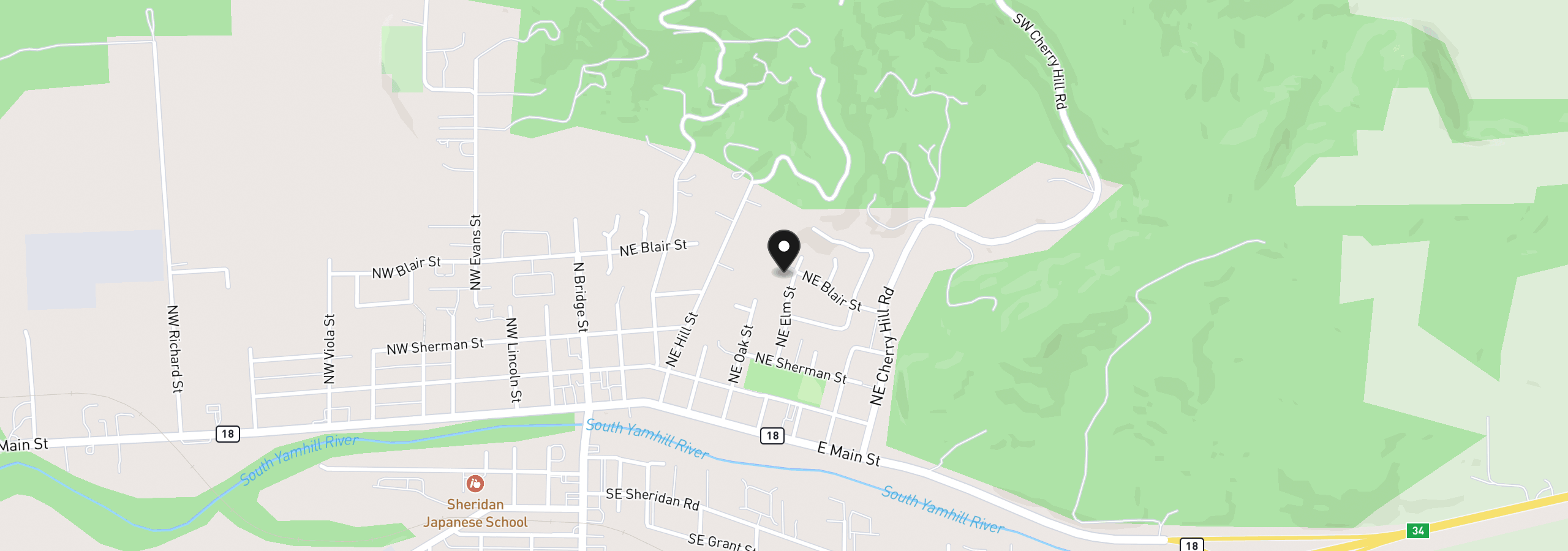 Map showing the location of 454 NE Elm St, Sheridan, OR 97378