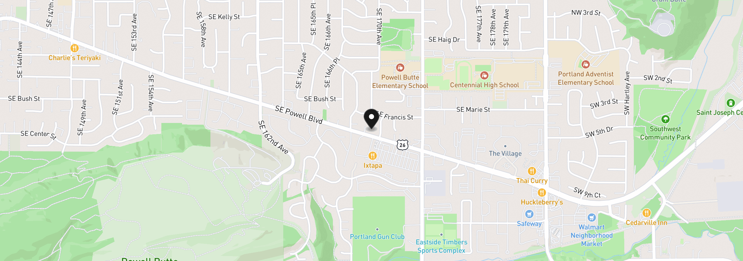 Map showing the location of 16925 SE Powell Blvd, Portland, OR 97236
