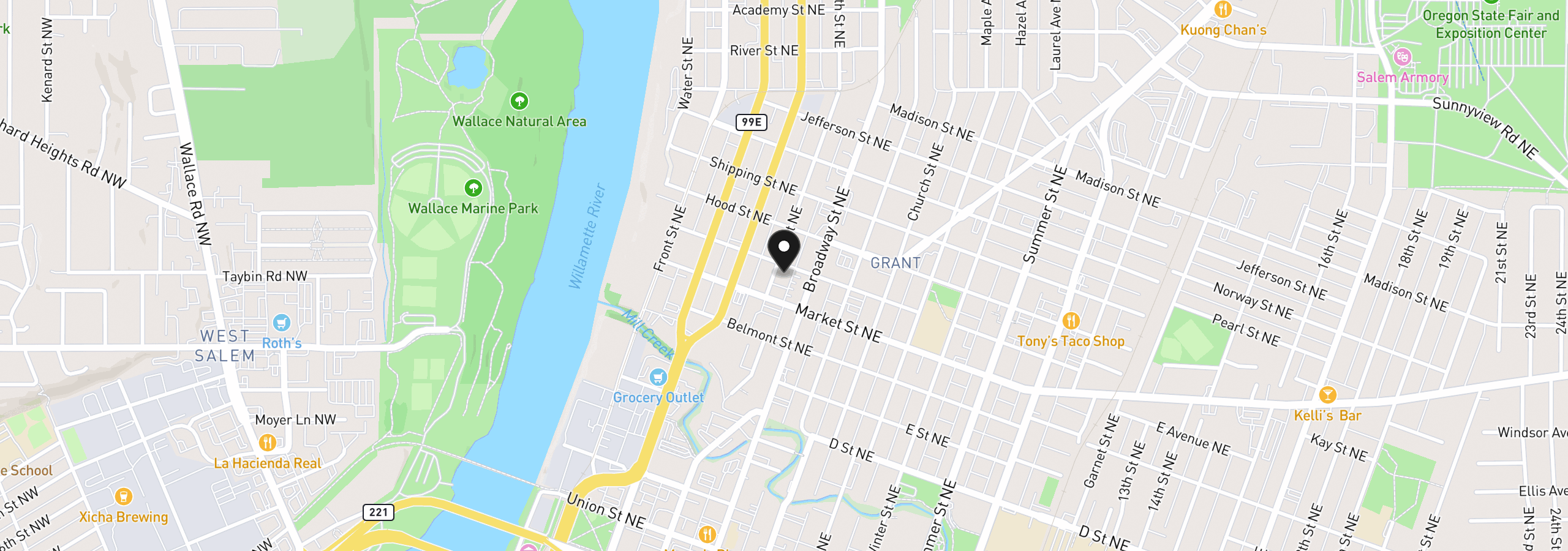 Map showing the location of 1280 4th St, Salem, OR 97301