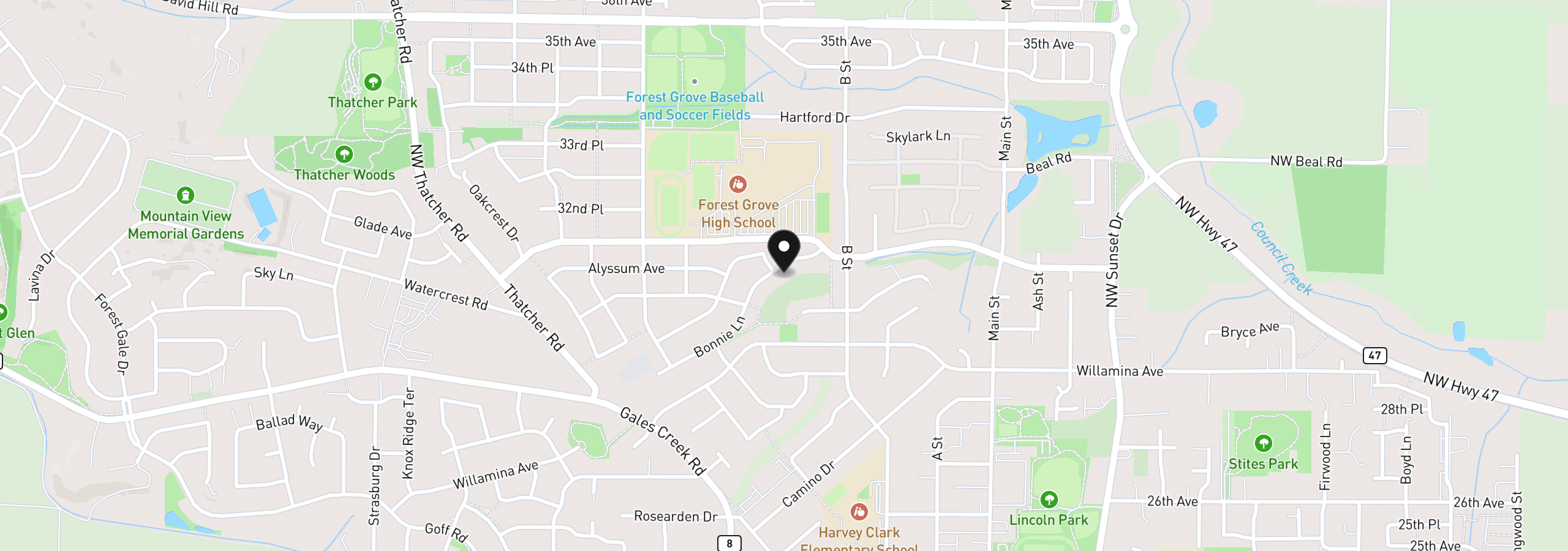 Map showing the location of 1636 Bonnie Ln, Forest Grove, OR 97116