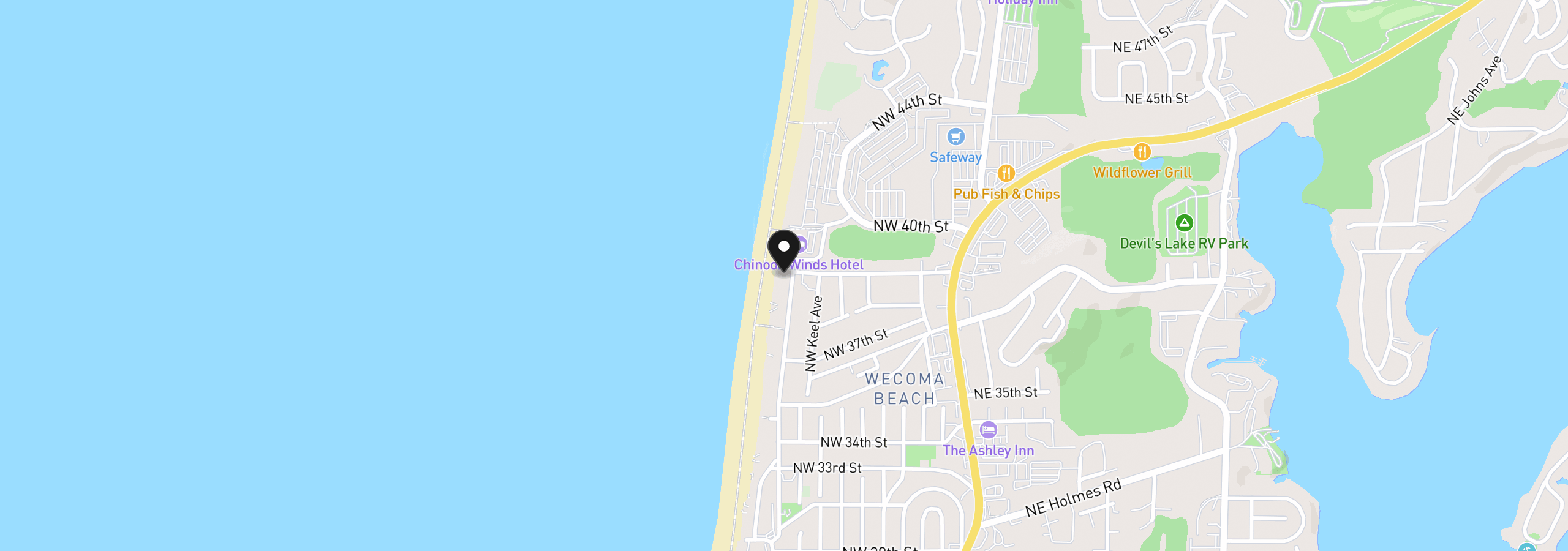 Map showing the location of 3885 NW Jetty Ave, Lincoln City, OR 97367