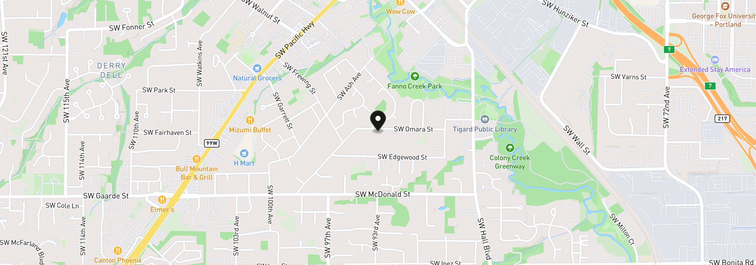 Map showing the location of 9270 SW Omara St, Portland, OR 97223