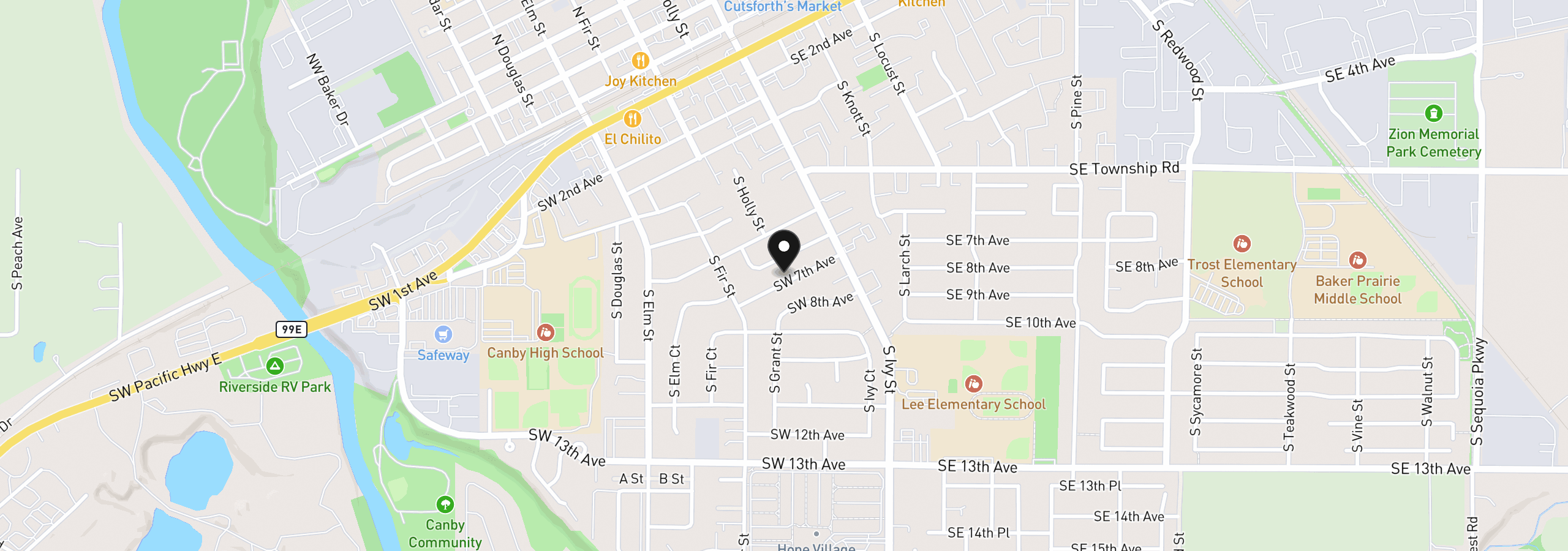 Map showing the location of 230 SW 7th Ave, Canby, OR 97013