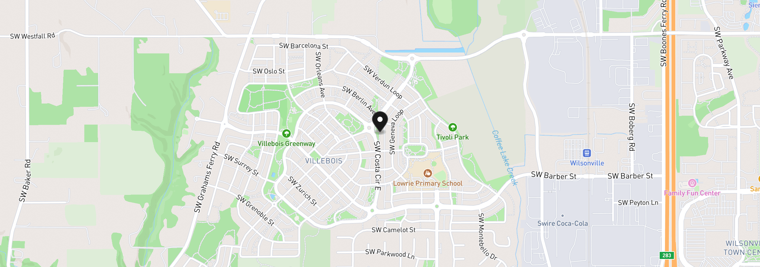 Map showing the location of 28909 SW Costa Cir, Wilsonville, OR 97070