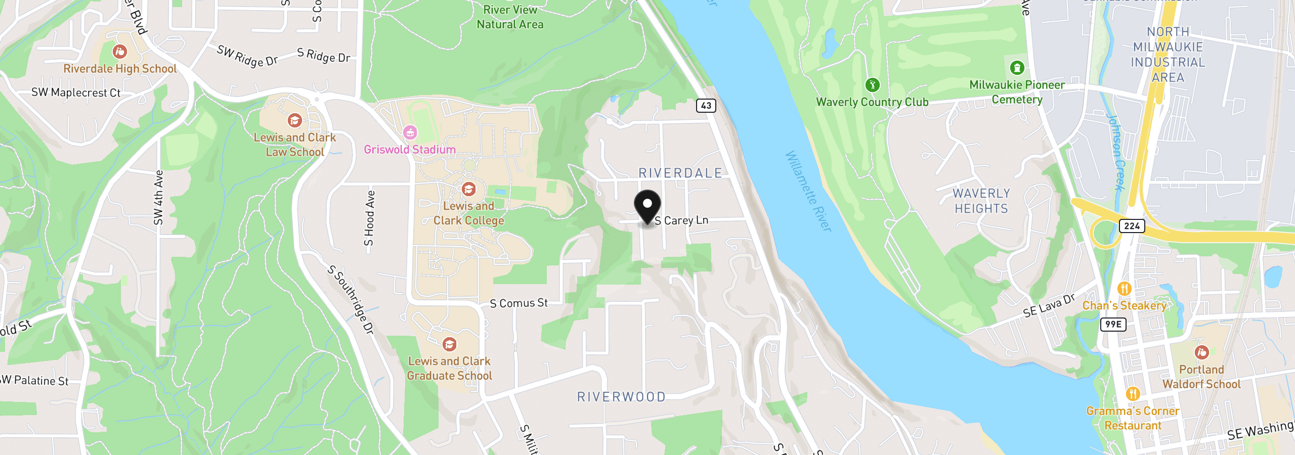 Map showing the location of 1606 S Carey Ln, Portland, OR 97219