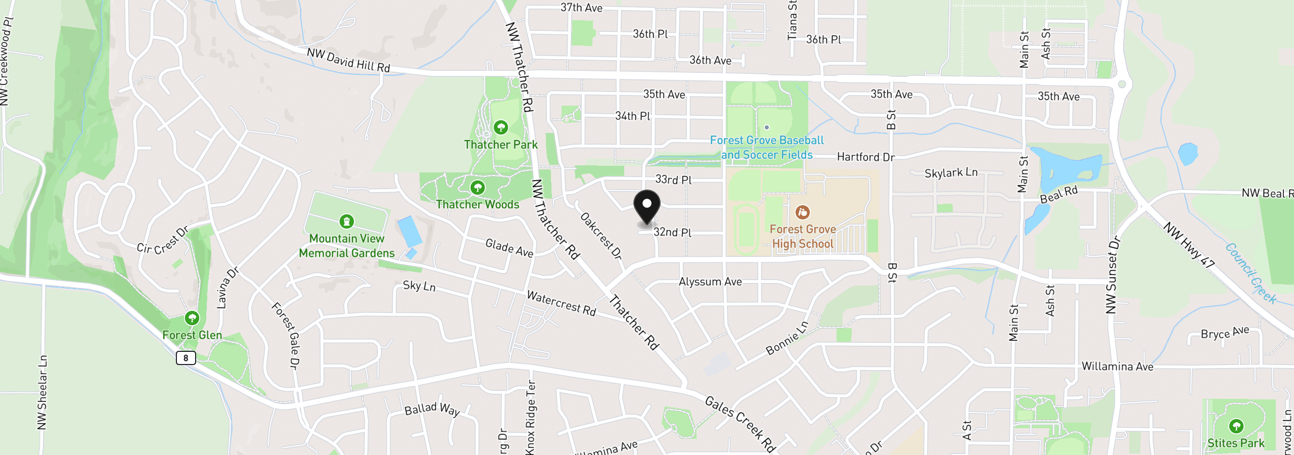 Map showing the location of 1125 32nd Pl, Forest Grove, OR 97116