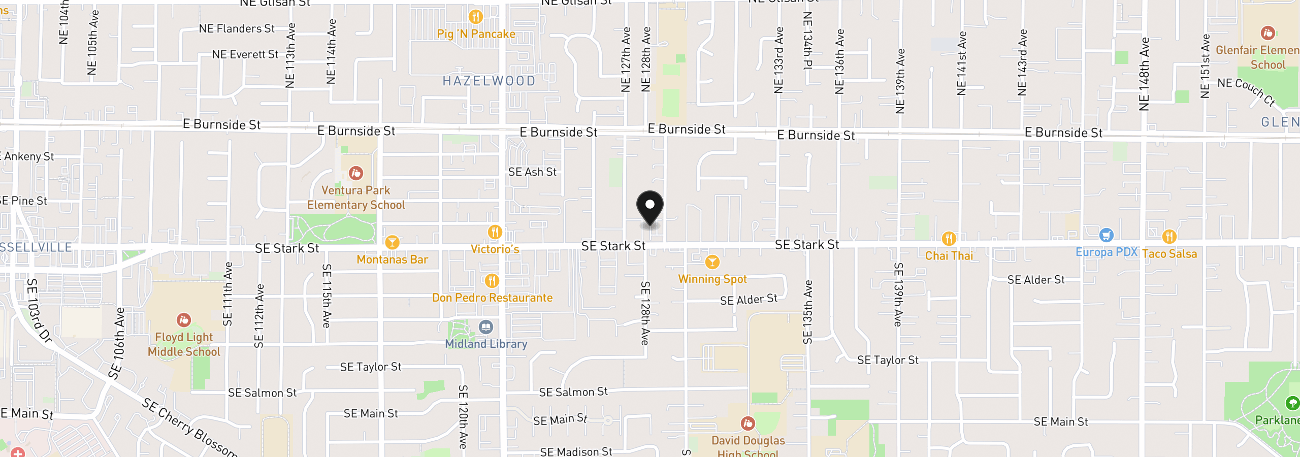 Map showing the location of 12817 SE Stark St, Portland, OR 97233
