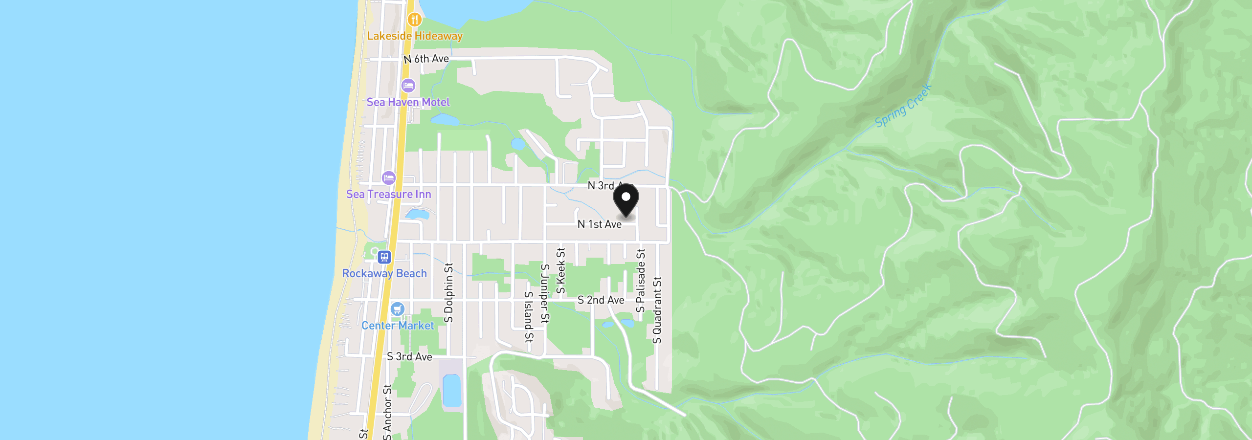 Map showing the location of N First Ave, Rockaway Beach, OR 97136