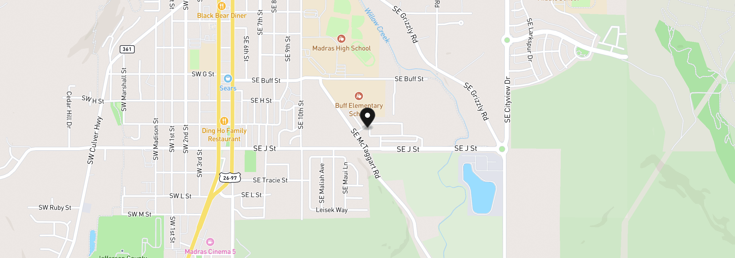 Map showing the location of 485 SE Ponderosa Dr, Madras, OR 97741