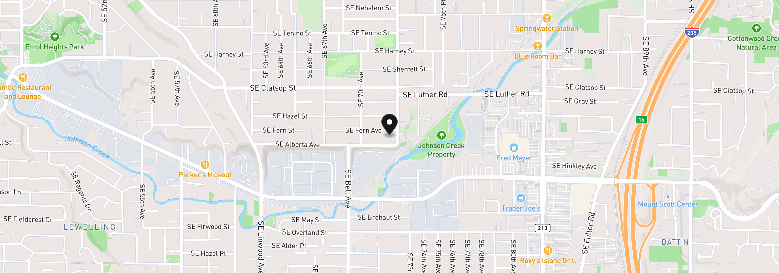 Map showing the location of 7118 SE Fern Ave, Portland, OR 97206