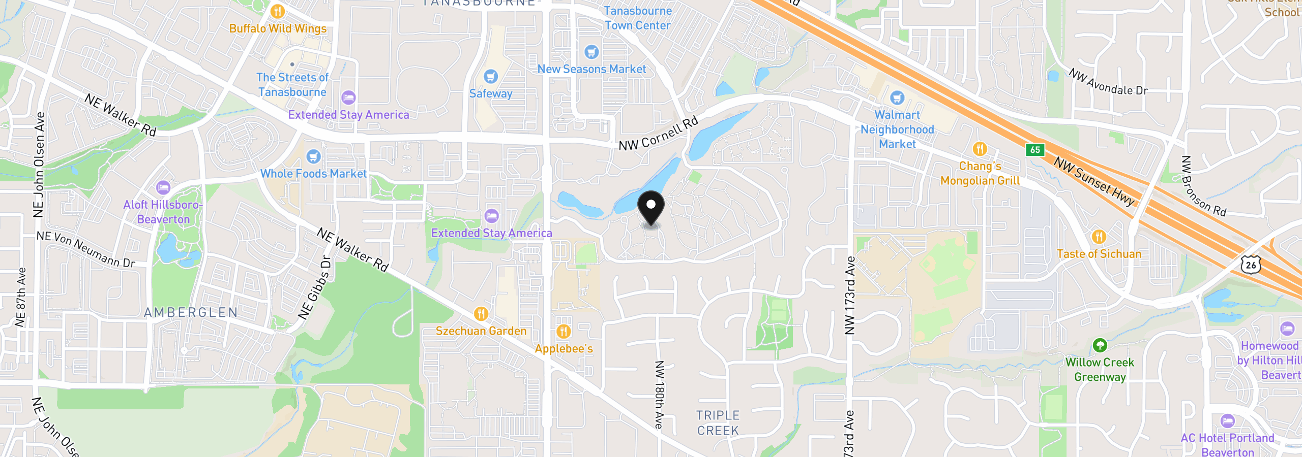 Map showing the location of 1653 NW Midlake Ln, Beaverton, OR 97006