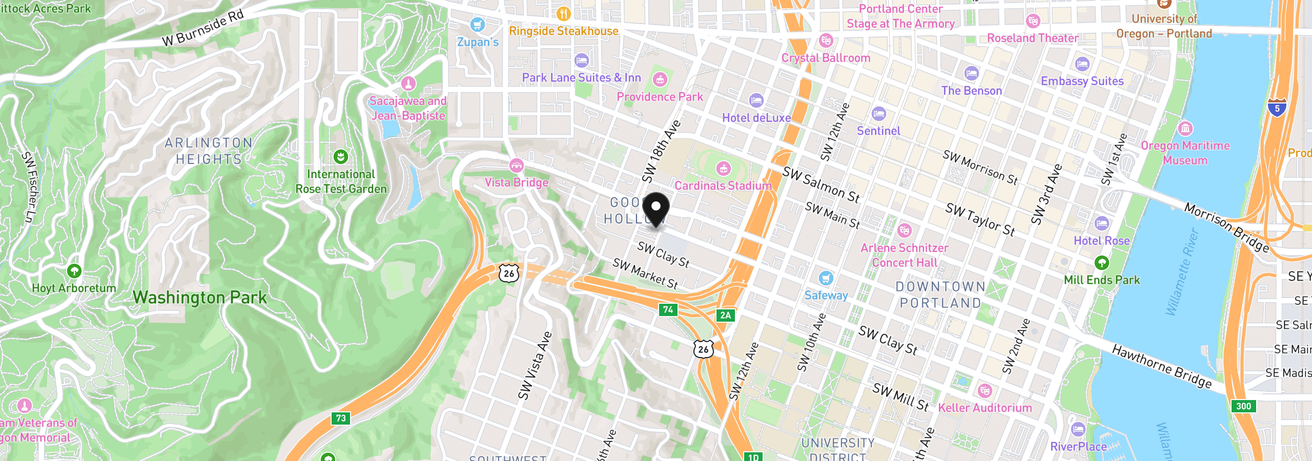 Map showing the location of 1708 SW Columbia St, Portland, OR 97201