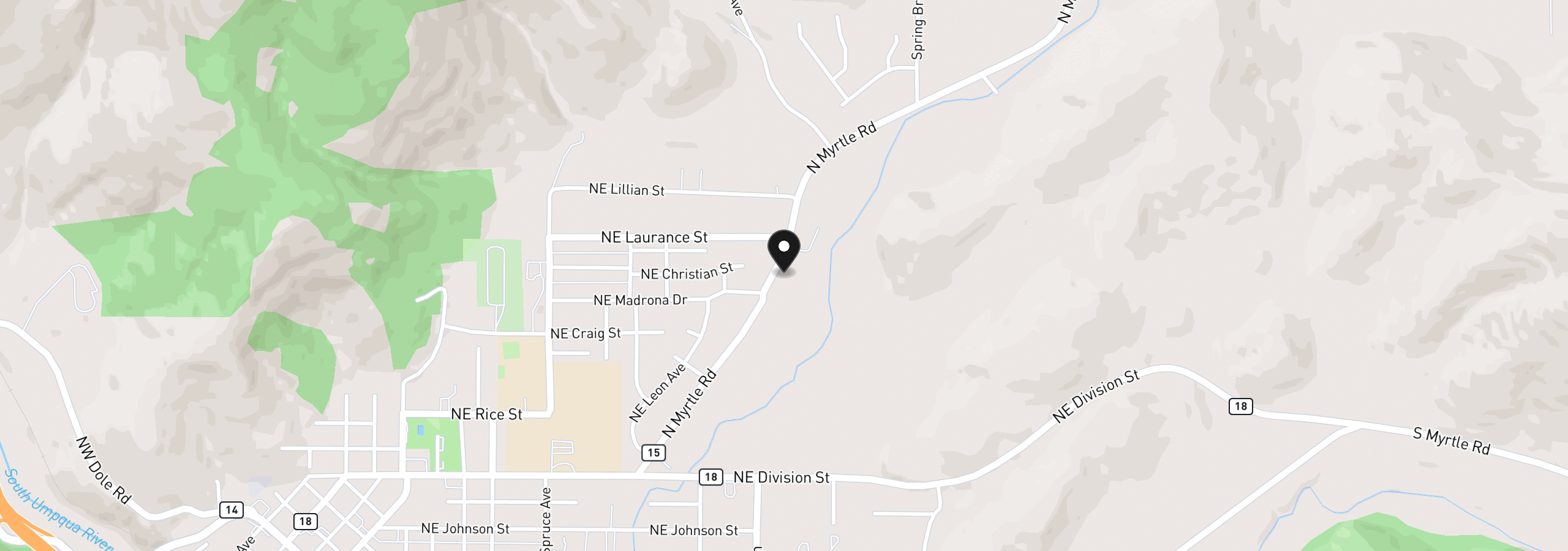 Map showing the location of 1239 N Myrtle Rd, Myrtle Creek, OR 97457