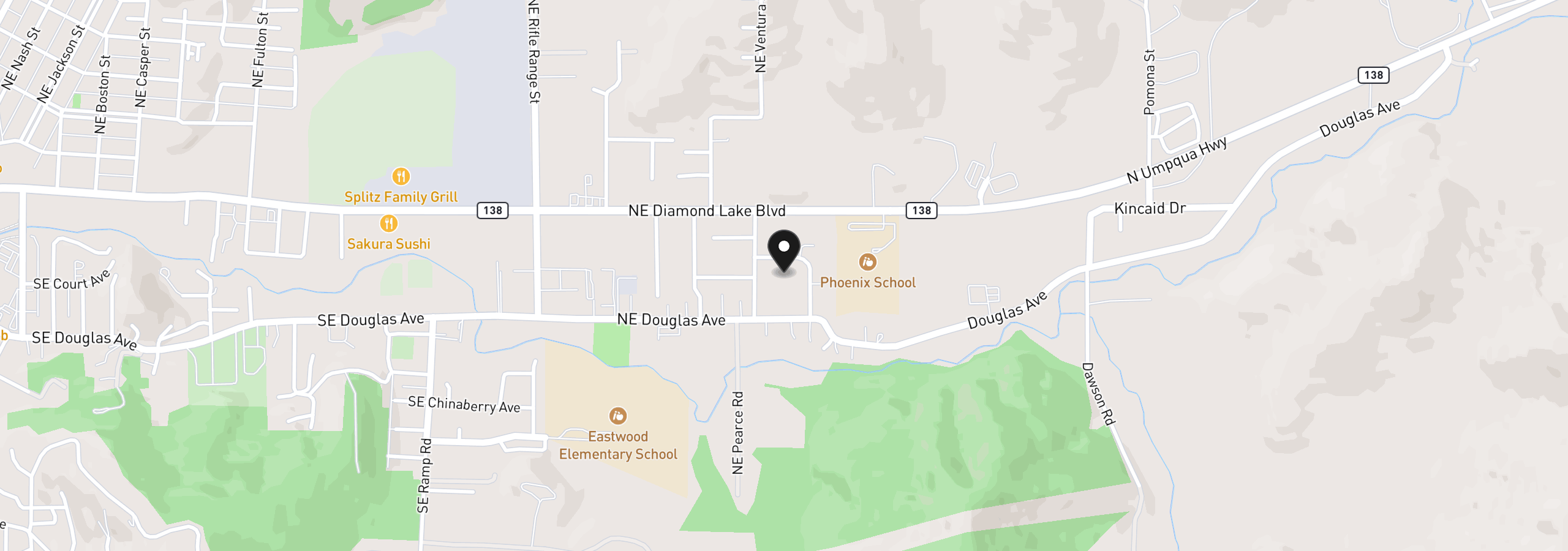 Map showing the location of 190 NE Lombardy Dr, Roseburg, OR 97470