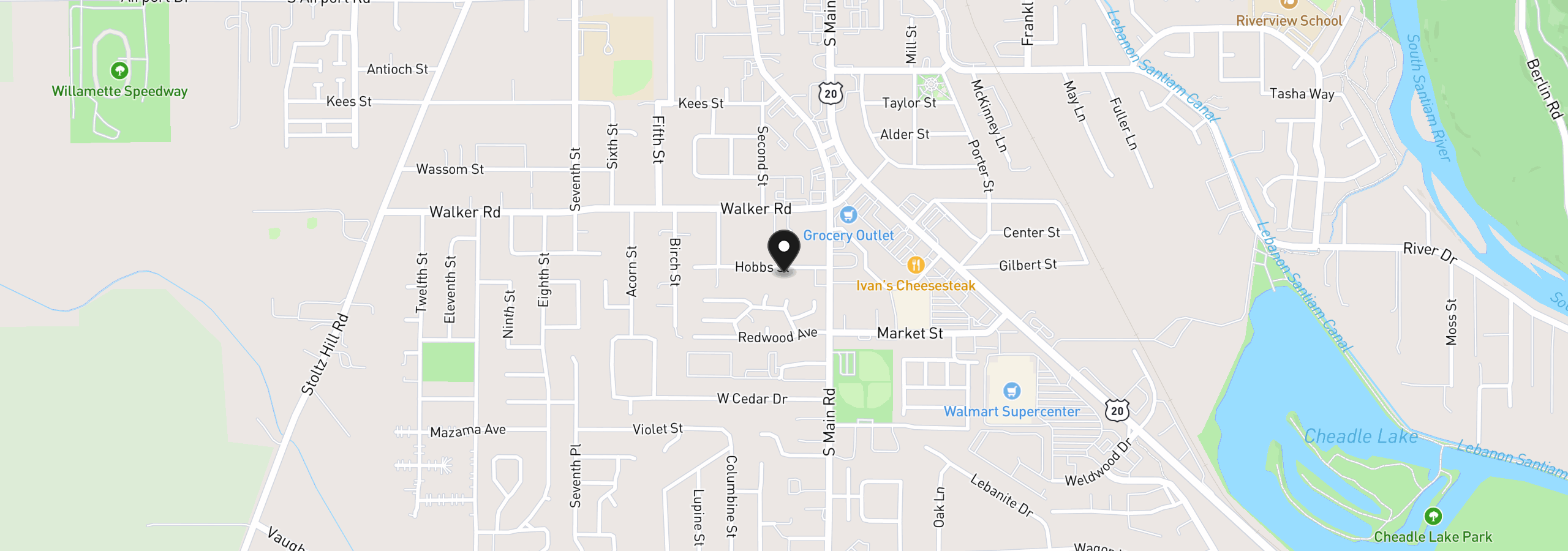 Map showing the location of 110 Hobbs St, Lebanon, OR 97355