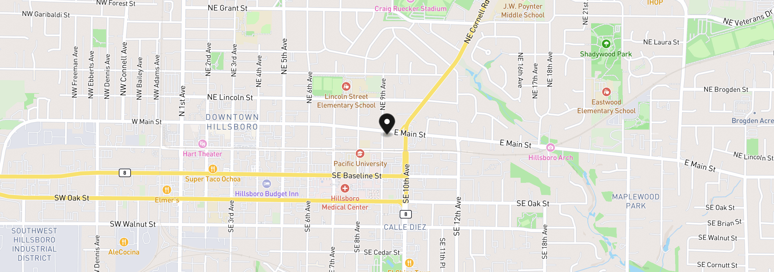 Map showing the location of 912 E Main St, Hillsboro, OR 97123
