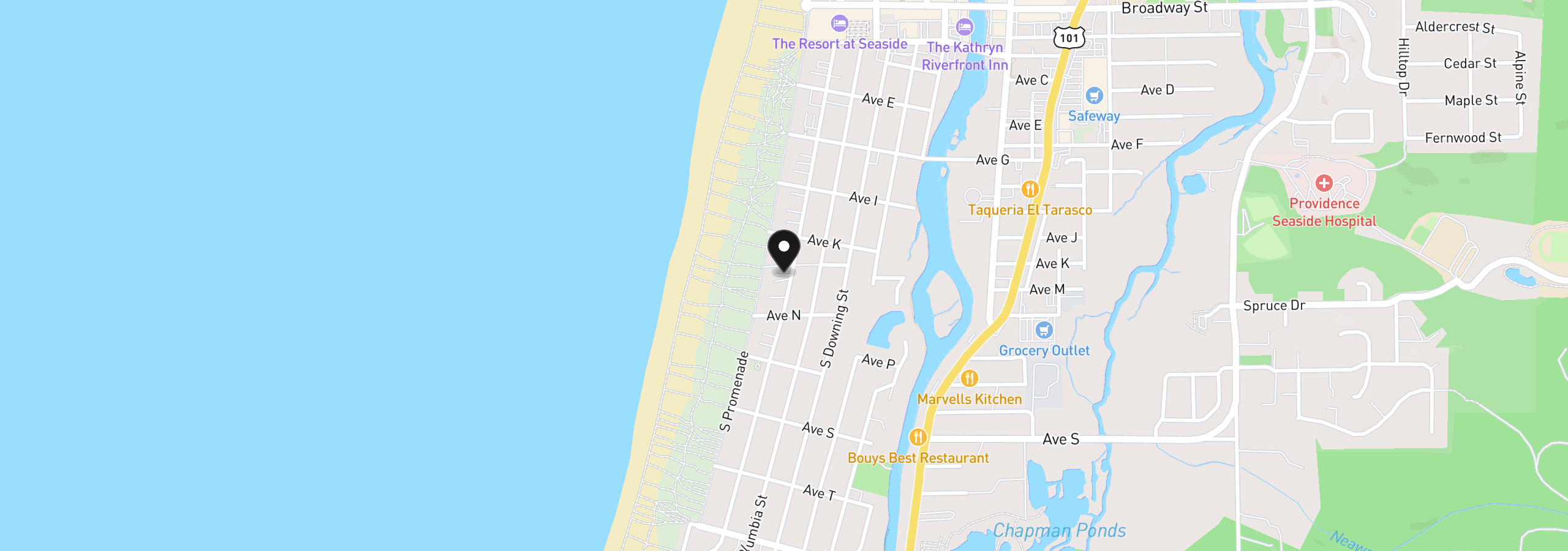 Map showing the location of 1220 Beach Dr, Seaside, OR 97138