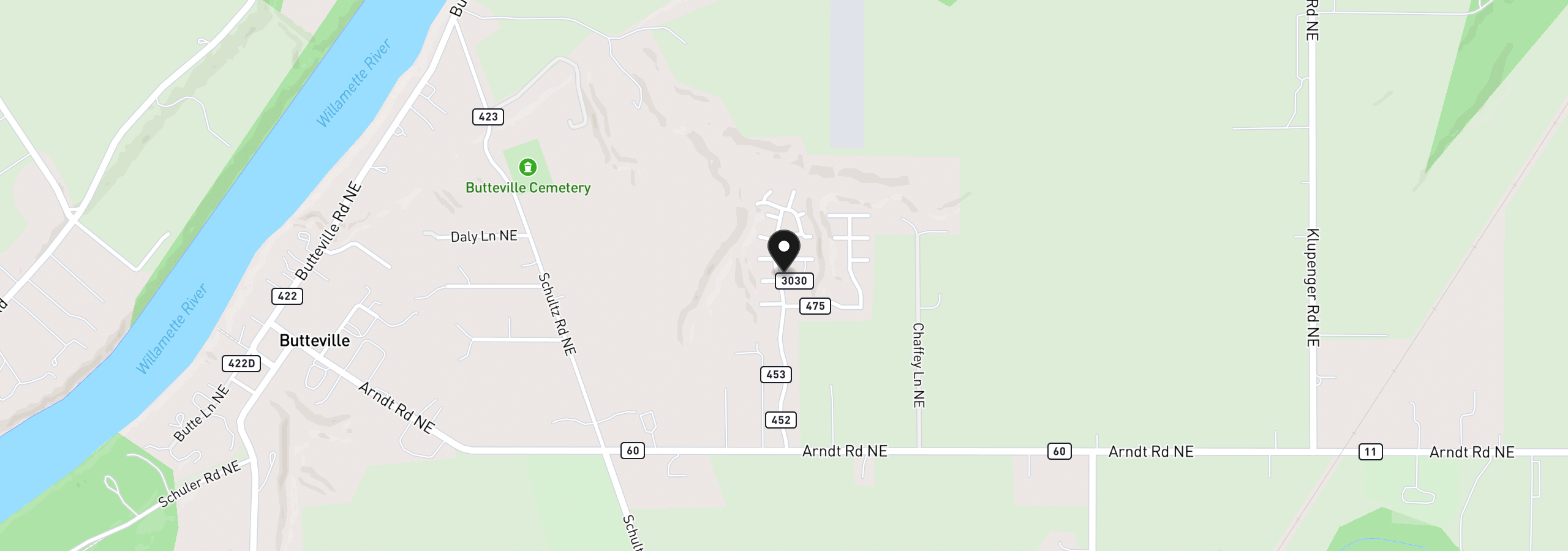 Map showing the location of 11615 Bunting Ln NE, Aurora, OR 97002