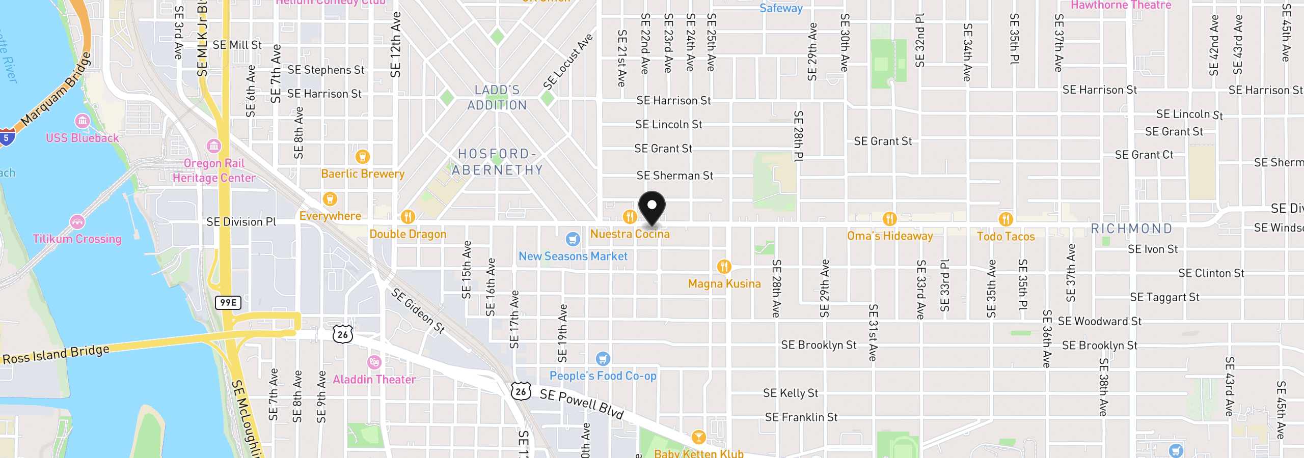 Map showing the location of 2268 SE Division St, Portland, OR 97202