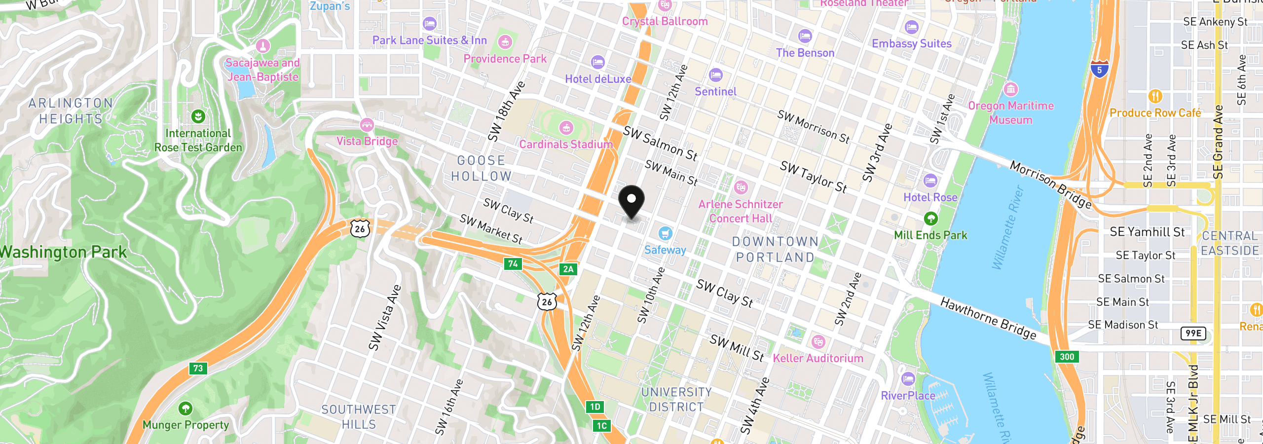 Map showing the location of 1326 SW 12th Ave, Portland, OR 97201