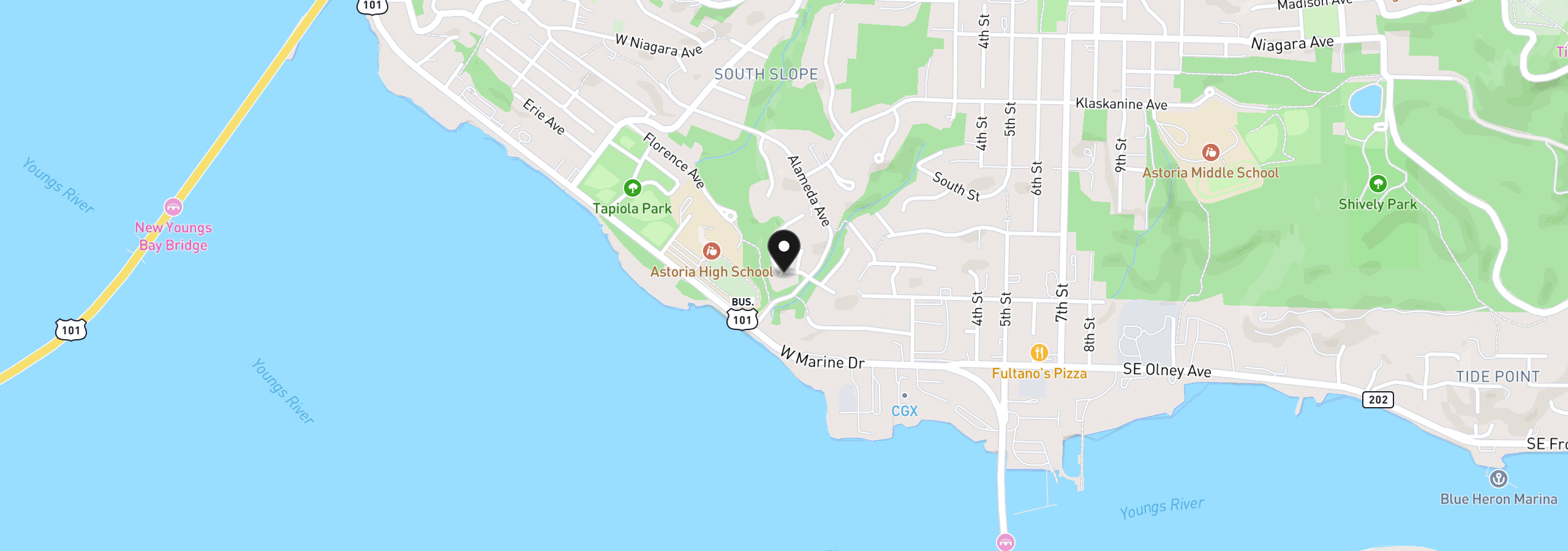 Map showing the location of Waldorf Cir, Astoria, OR 97103