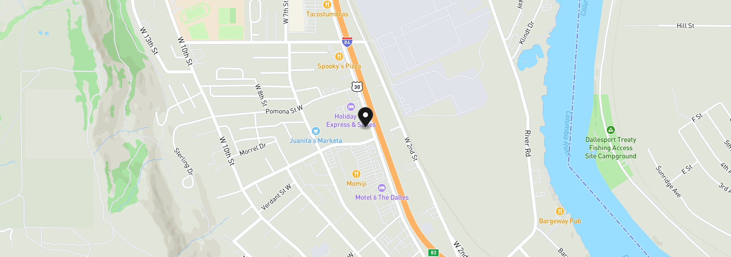 Map showing the location of 707 Snipes St, The Dalles, OR 97058