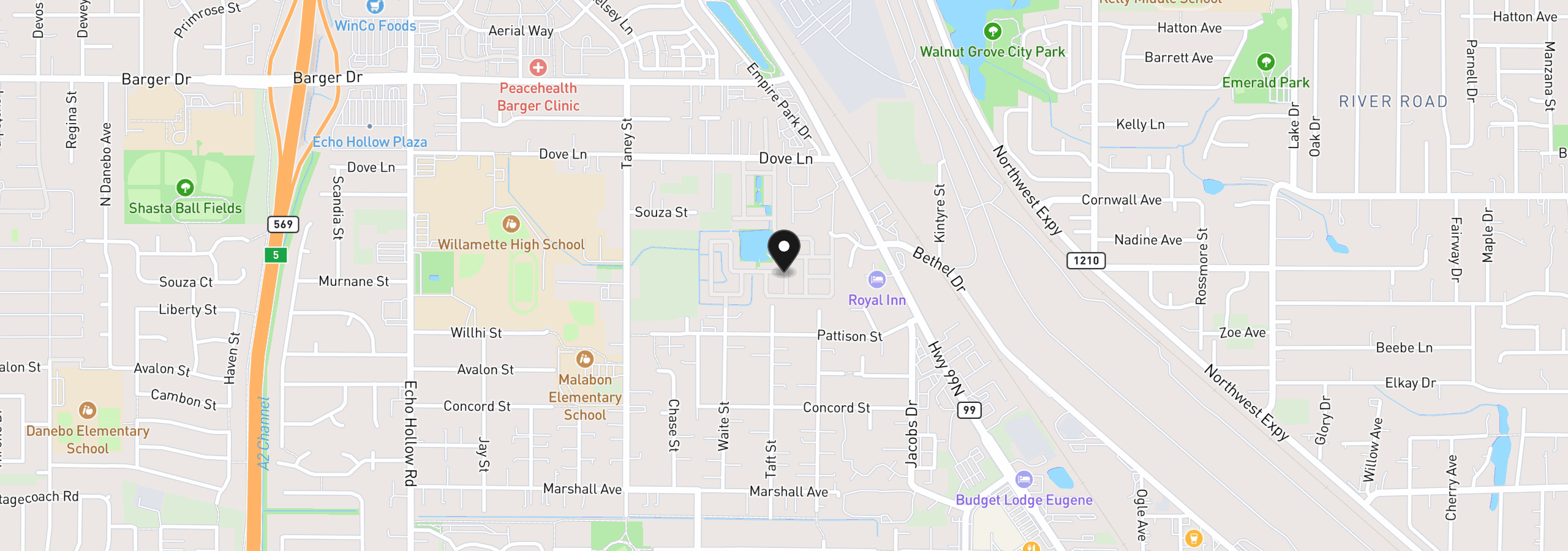 Map showing the location of 1800 Lakewood Ct 36, Eugene, OR 97402