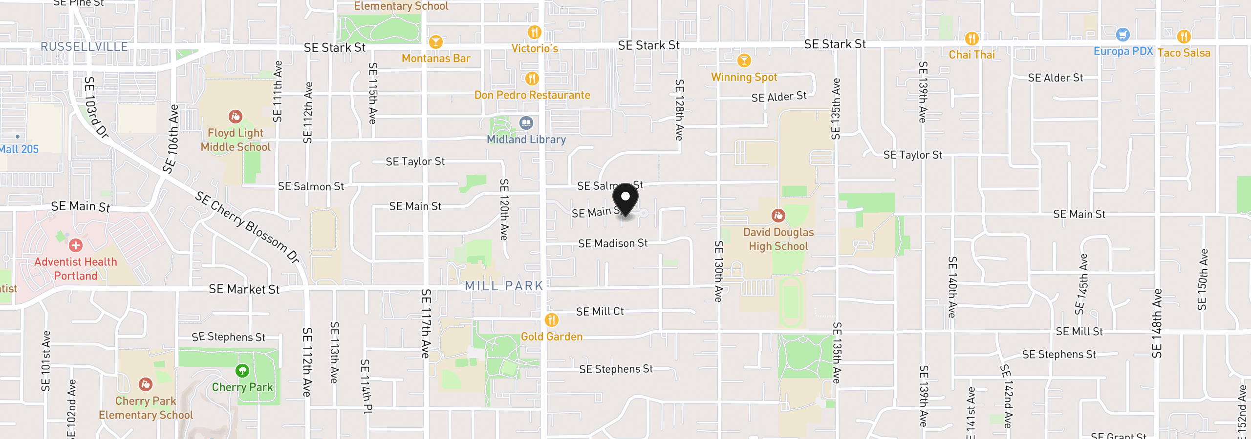 Map showing the location of 12550 SE Main St, Portland, OR 97233