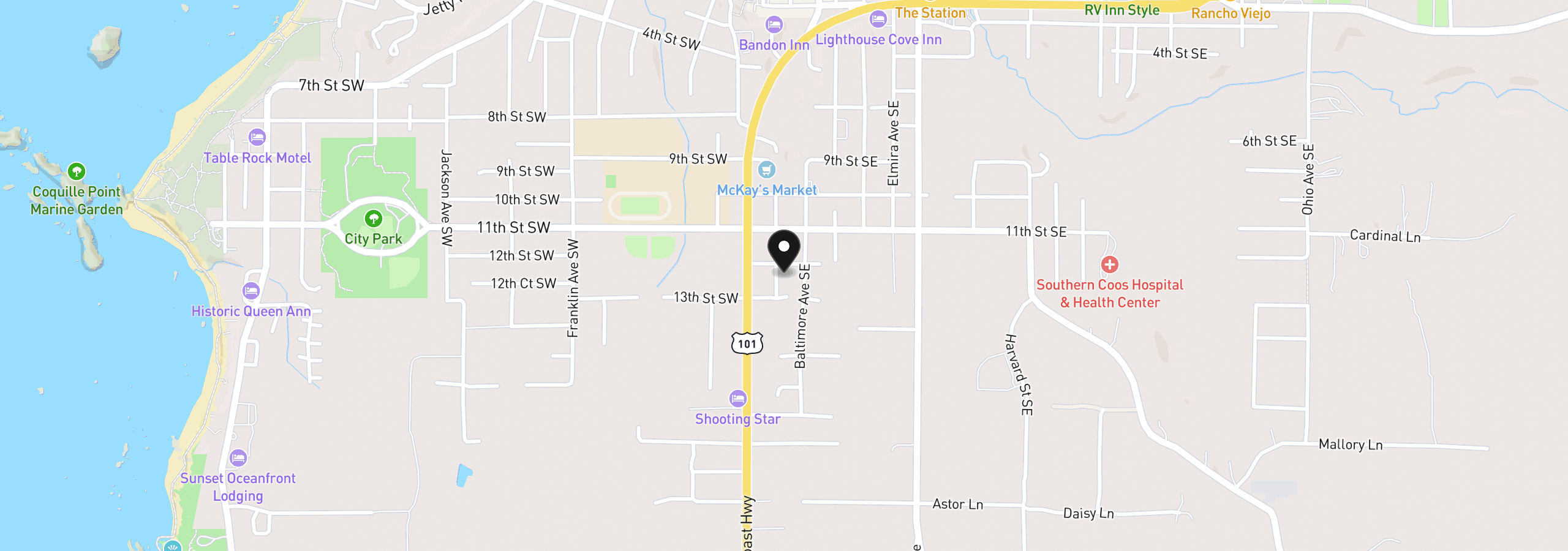Map showing the location of 1233 Alabama Ave SE, Bandon, OR 97411
