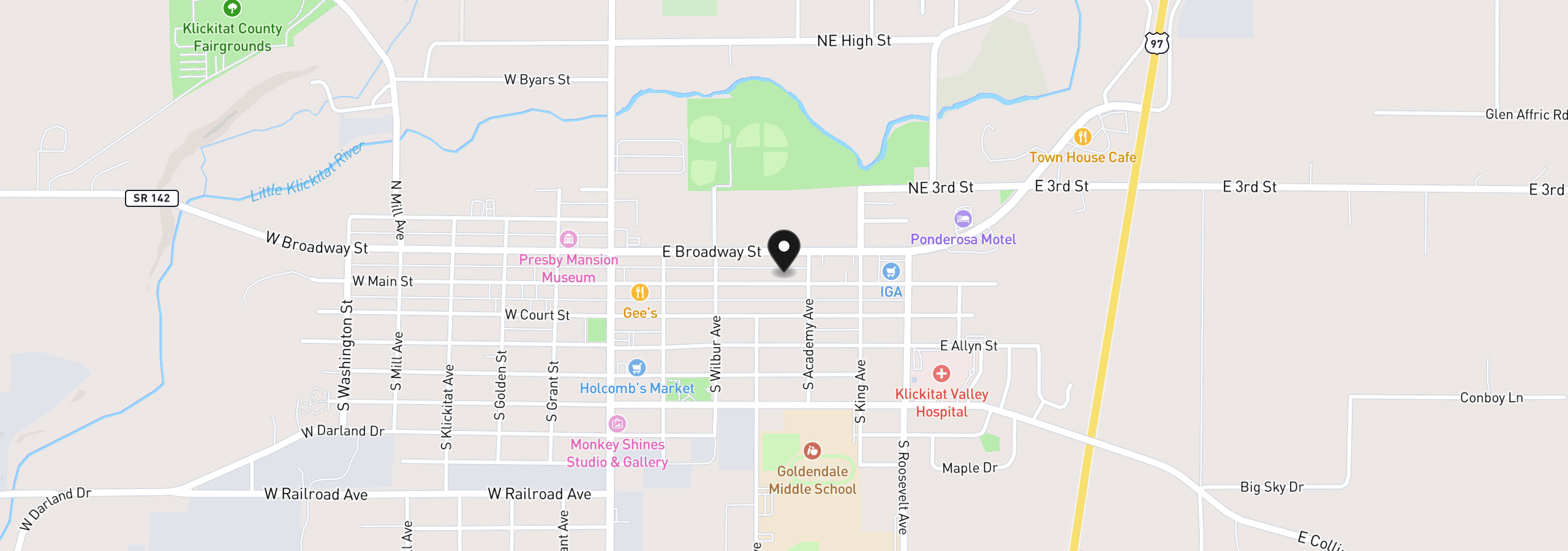 Map showing the location of 417 E Main St, Goldendale, Wa 98620