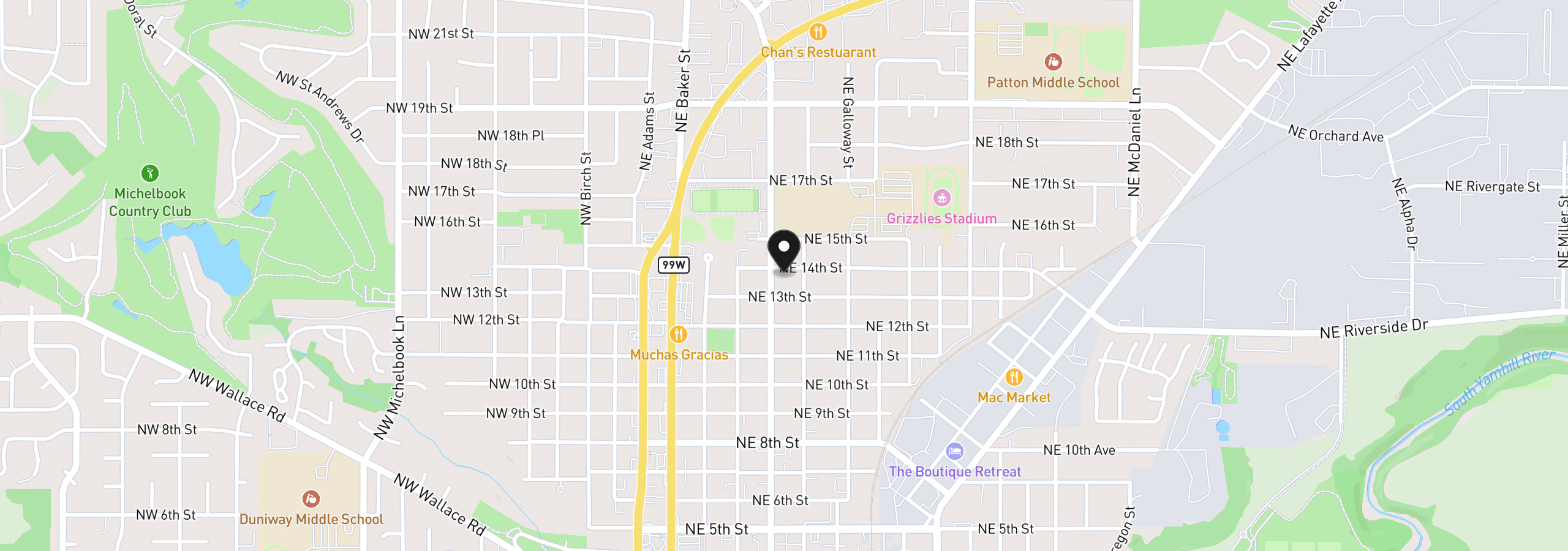 Map showing the location of 1336 NE Evans St, McMinnville, OR 97128